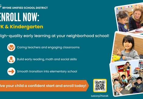IUSD “Enroll Now: Kindergarten” flyer with young students, key benefits and QR code.